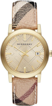 Burberry The City Gold Dial Haymarket Brown Leather Strap Watch for Women - BU9026