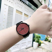 Calvin Klein Even Maroon Dial Black Leather Strap Watch for Men - K7B214CP