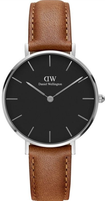 Daniel Wellington Petite Sterling Black Dial Brown Leather Strap Watch For Women - DW00100178