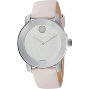 Movado Bold Glitter Silver Dial Pink Leather Strap Watch For Women - 3600522