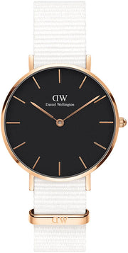 Daniel Wellington Classic Petite Dover Black Dial White NATO Strap Watch For Women - DW00100312