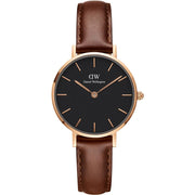 Daniel Wellington Classic Petite St Mawes Black Dial Brown Leather Strap Watch For Women - DW00100225
