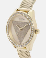 Guess Tri Glitz Quartz Diamonds Gold Dial Gold Mesh Bracelet Watch For Women - W1142L2