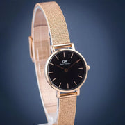 Daniel Wellington Petite Pressed Melrose Black Dial Rose Gold Mesh Strap Watch For Women - DW00100440