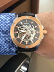 Fossil Modern Machine Automatic Skeleton Dial Black Leather Strap Watch for Men - ME3082