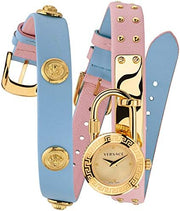 Versace Medusa Lock Icon Quartz Gold Dial Pink & Blue Leather Strap Watch For Women - VEDW00219