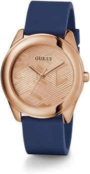 Guess Cubed Analog Rose Gold Dial Blue Leather Strap Watch For Women - GW0665L2