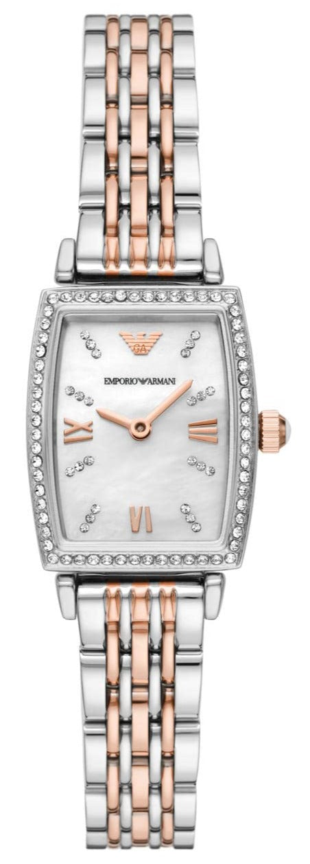 Emporio Armani Gianni T Bar White Mother Of Pearl Dial Two Tone Steel Strap Watch For Women - AR11519
