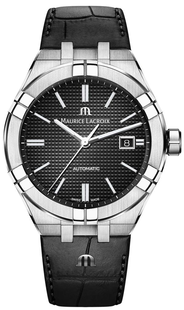 Maurice Lacroix Aikon Date Automatic Black Dial Black Leather Strap Watch For Men - AI6008-SS001-330-1