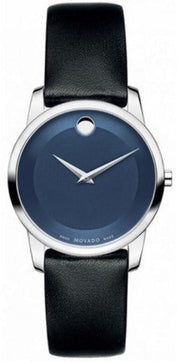 Movado Museum Blue Dial Black Leather Strap Watch For Women - 0606611