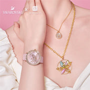Swarovski Crystal Quartz Pink Dial Pink Leather Strap Watch for Women - 5575217