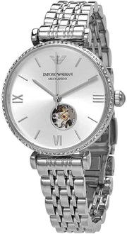 Emporio Armani Meccanico Gianni T-Bar Automatic Silver Dial Silver Steel Strap Watch For Women - AR60022
