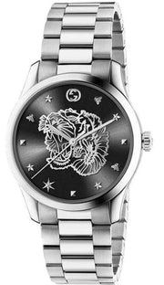 Gucci G Timeless Diamonds Black Dial Silver Steel Strap Watch For Women - YA1264125