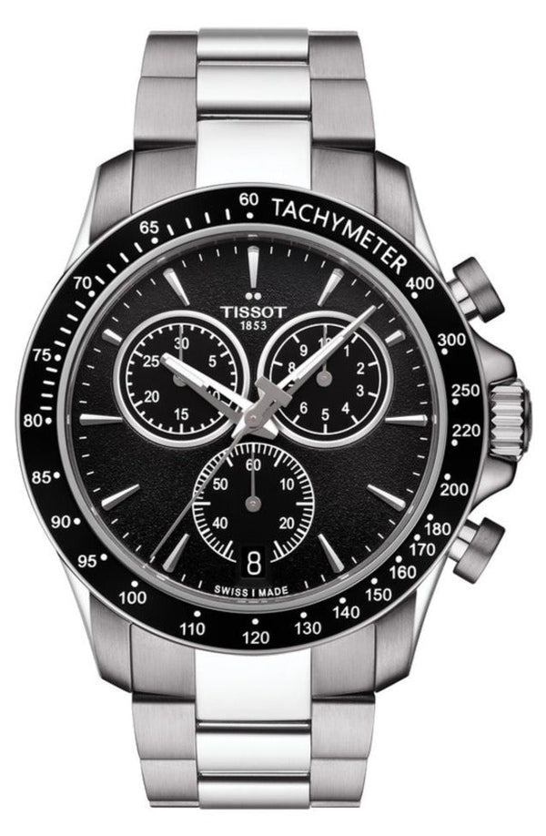 Tissot V8 Quartz Chronograph Black Dial Silver Steel Strap Watch For Men - T106.417.11.051.00