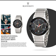 Maserati Potenza Black Dial Silver Steel Strap Watch For Men - R8853108001