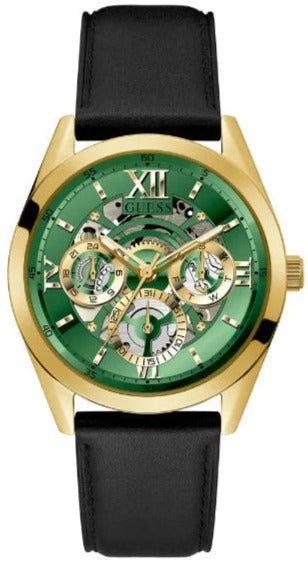 Guess Multifunction Chronograph Green Dial Black Leather Strap Watch For Men - GW0389G7