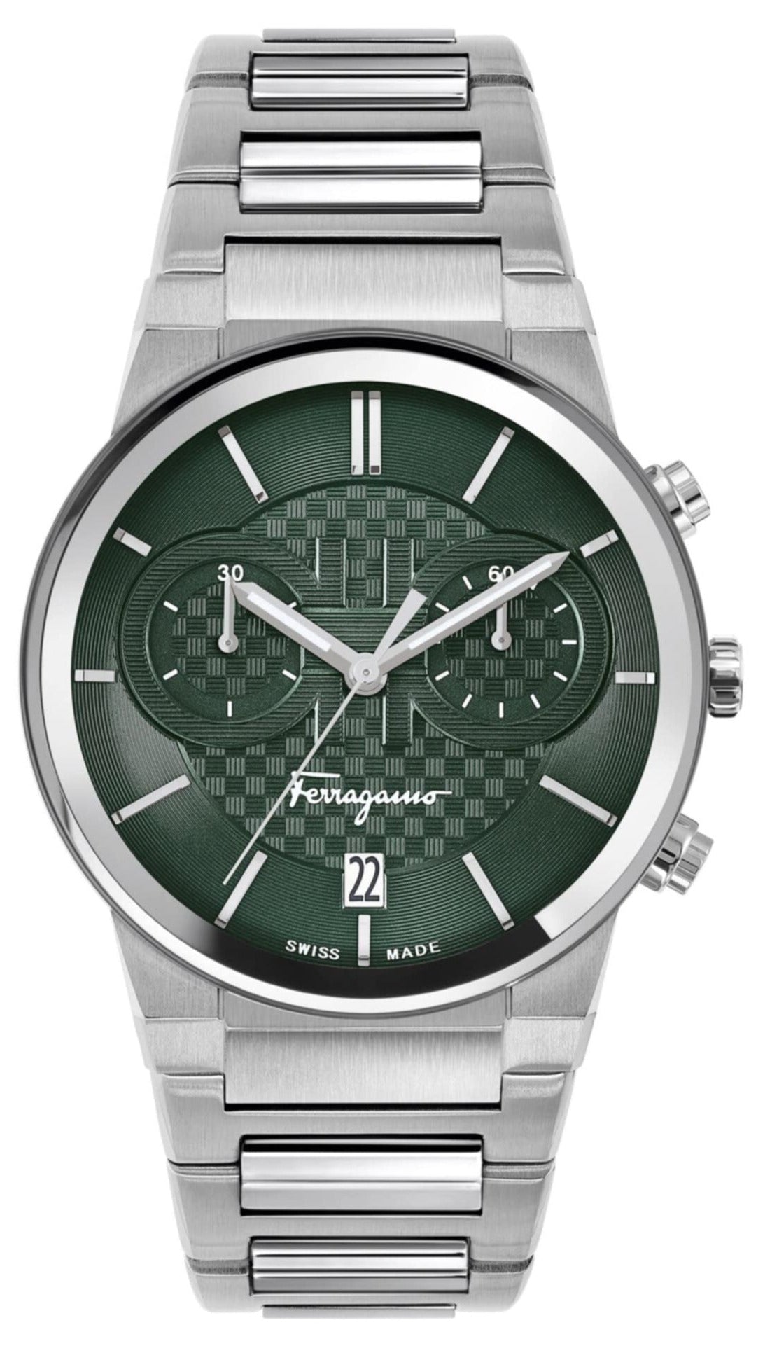Salvatore Ferragamo Sapphire Chrono Green Dial Silver Steel Strap Watch for Men - SFME00421