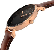 Daniel Wellington Classic Petite St Mawes Black Dial Brown Leather Strap Watch For Women - DW00100225