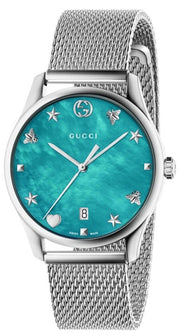 Gucci G-Timeless Turquiose Mother of Pearl Dial Silver Mesh Bracelet Watch For Women - YA1264039