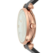 Emporio Armani Meccanico Gianni T Bar Mother of Pearl White Dial Black Leather Strap Watch For Women - AR60047