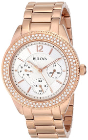 Bulova Crystal Silver Dial Rose Gold Steel Strap Watch for Women - 97N101