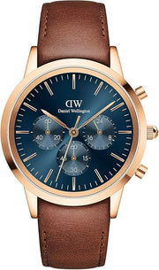 Daniel Wellington Iconic Chronograph Blue Dial Brown Leather Strap Watch For Men - DW00100639