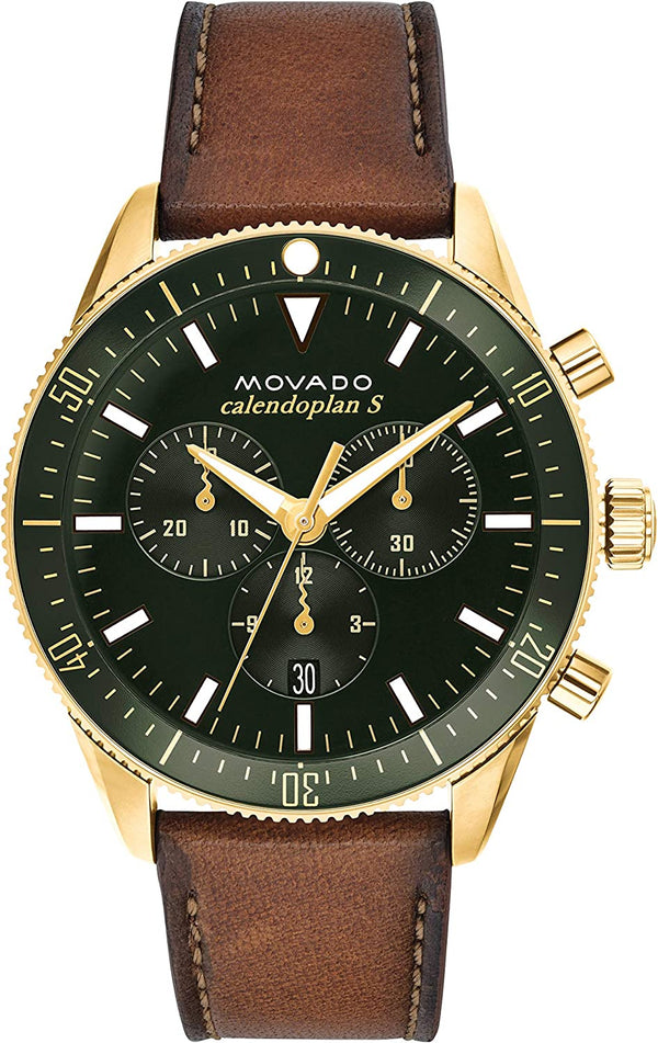 Movado Heritage Chronograph Green Dial Brown Leather Strap Watch For Men - 3650062