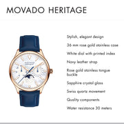 Movado Heritage Celestograf White Mother of Pearl Dial Blue Leather Strap Watch For Women - 3650011