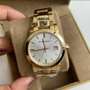 Burberry The City White Dial Gold Steel Strap Watch for Women - BU9103