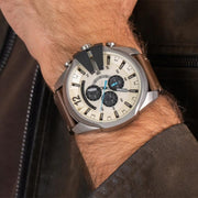 Diesel Mega Chief Chronograph White Dial Brown Leather Strap Watch For Men - DZ4280