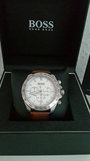 Hugo Boss Ikon Chronograph White Dial Brown Leather Strap Watch for Men - 1513175
