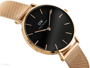 Daniel Wellington Classic Melrose Black Dial Rose Gold Mesh Bracelet Watch For Women - DW00100161