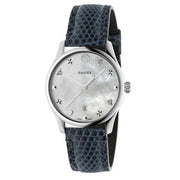 Gucci G-Timeless Signature Mother of Pearl Silver Dial Blue Leather Strap Watch For Women - YA1264049