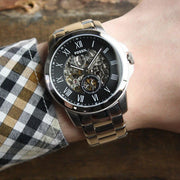 Fossil Grant Skeleton Black Dial Silver Steel Strap Watch for Men - ME3055