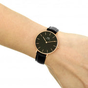 Daniel Wellington Petite Sheffield Black Dial Black Leather Strap Watch For Women - DW00100168