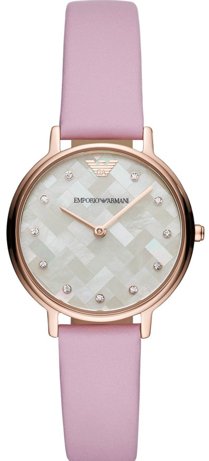 Emporio Armani Kappa Mother Of Pearl White Dial Pink Leather Strap Watch For Women - AR11130