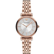 Emporio Armani Gianni T-Bar Crystals Silver Dial Rose Gold Steel Strap Watch For Women - AR11446