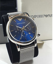 Emporio Armani Luigi Chronograph Blue Dial Silver Mesh Bracelet Watch For Men - AR80038