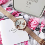 Fossil Jacqueline Three-Hand White Dial Rose Gold Mesh Bracelet Watch for Women - ES4534