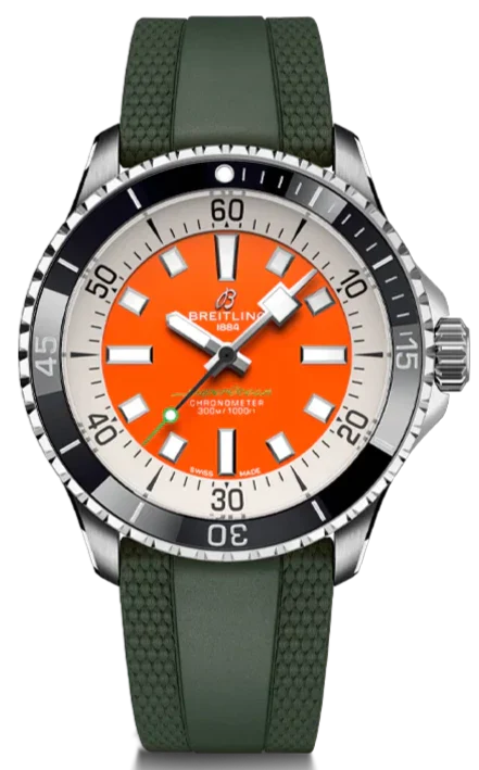Breitling Superocean Automatic 42mm Kelly Slater Limited Edition Orange Dial Green Rubber Strap Watch for Men - A173751A101S1