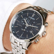 Citizen Eco Drive Chronograph Blue Dial Silver Steel Strap Watch For Men - AT2140-55L