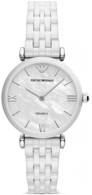 Emporio Armani Giannti T Bar Quartz Mother of Pearl Dial White Steel Strap Watch For Women - AR1485