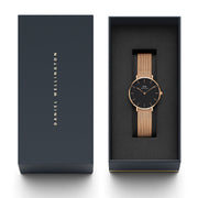 Daniel Wellington Classic Melrose Black Dial Rose Gold Mesh Bracelet Watch For Women - DW00100161