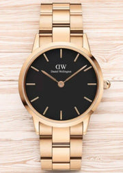 Daniel Wellington Iconic Link Black Dial Rose Gold Steel Strap Watch for Women - DW00100210