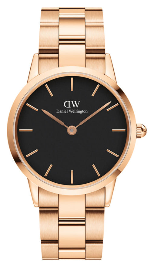 Daniel Wellington Iconic Link Black Dial Rose Gold Steel Strap Watch for Women - DW00100210