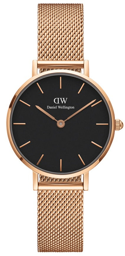 Daniel Wellington Classic Petite Melrose Black Dial Rose Gold Mesh Bracelet Watch For Women - DW00100217