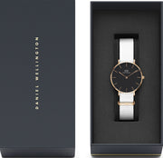Daniel Wellington Classic Petite Dover Black Dial White NATO Strap Watch For Women - DW00100312