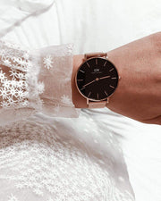 Daniel Wellington Classic Petite Black Dial Gold Mesh Bracelet Watch For Women - DW00100347