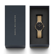 Daniel Wellington Classic Petite Black Dial Gold Mesh Bracelet Watch For Women - DW00100347