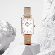 Daniel Wellington Quadro Melrose White Dial Gold Mesh Strap Watch For Women - DW00100431